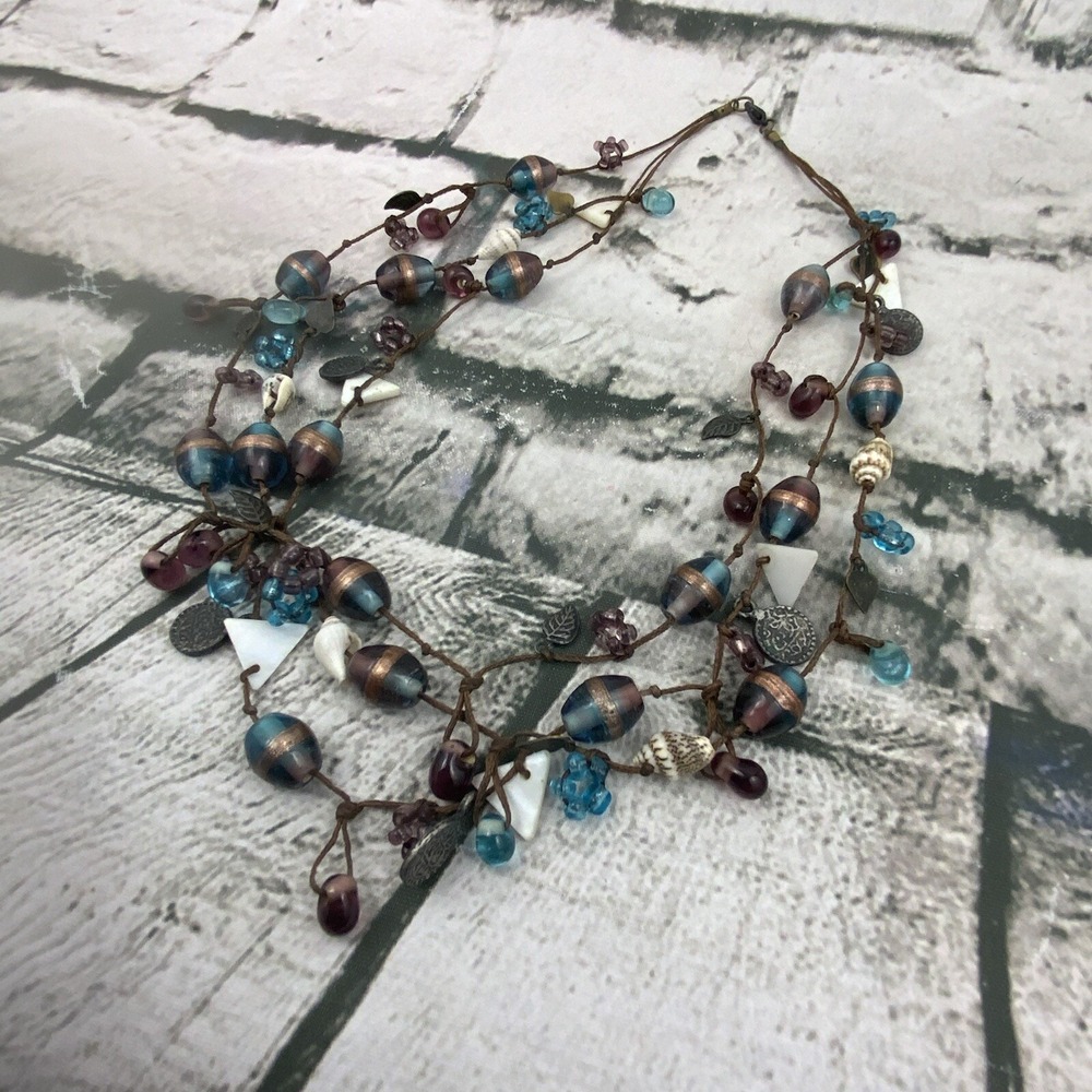 Beaded Necklace Blue Brown Shells Twine Beachy Mermaid Leaves Charms
